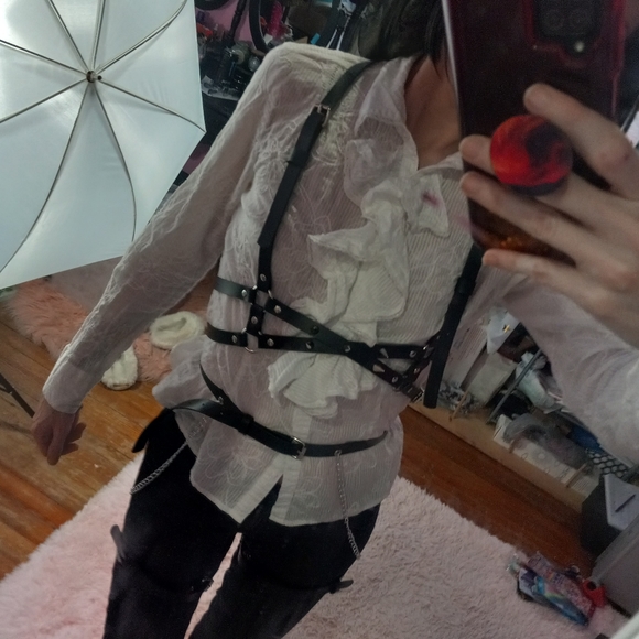 Black vegan leather dbl thigh garter harness w/chain & belt! Bondage - Picture 4 of 16